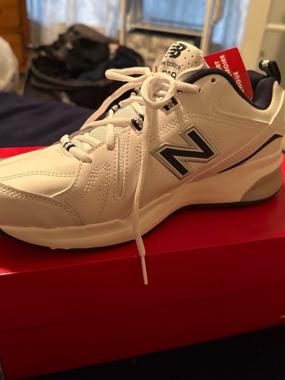 New Balance White and Navy Walking Sneakers